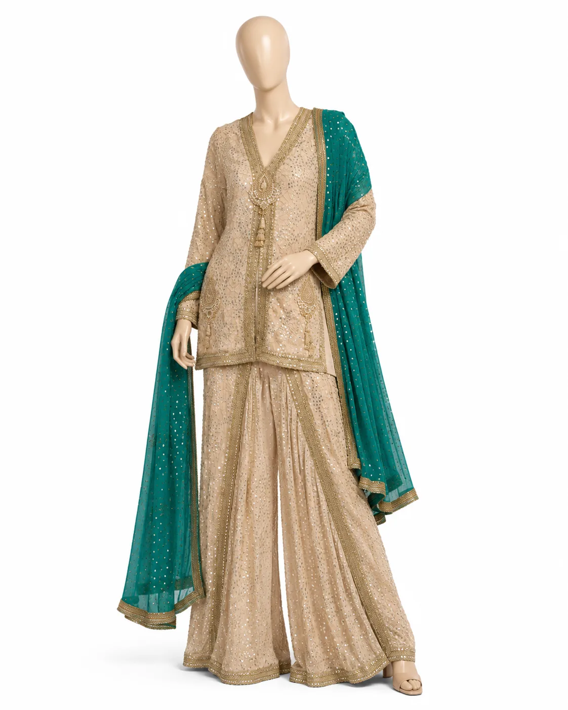 Women’s Embellished Beige Saree Set with Purple Dupatta view 2